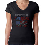 Womens T-Shirt Rhinestone Bling Black Fitted Tee Proud to be an American Flag