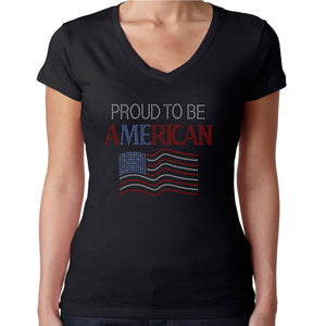 Womens T-Shirt Rhinestone Bling Black Fitted Tee Proud to be an American Flag