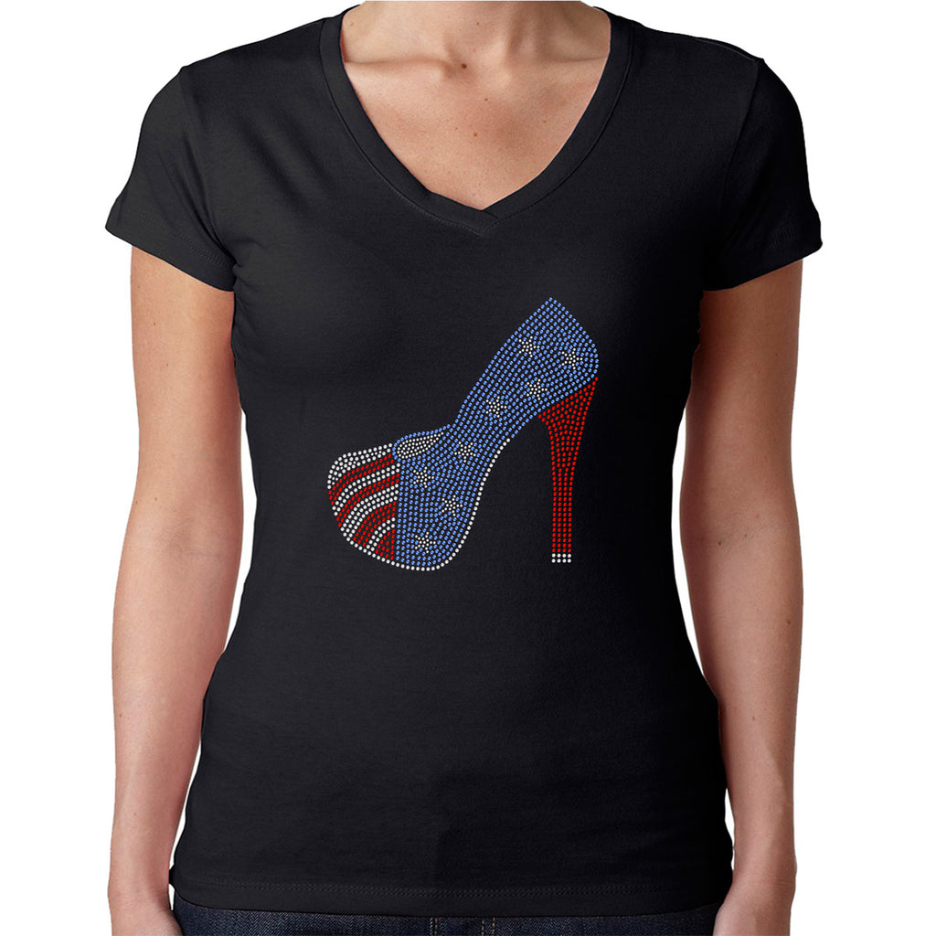 Womens T-Shirt Rhinestone Bling Black Fitted Tee American Flag Heel Shoe