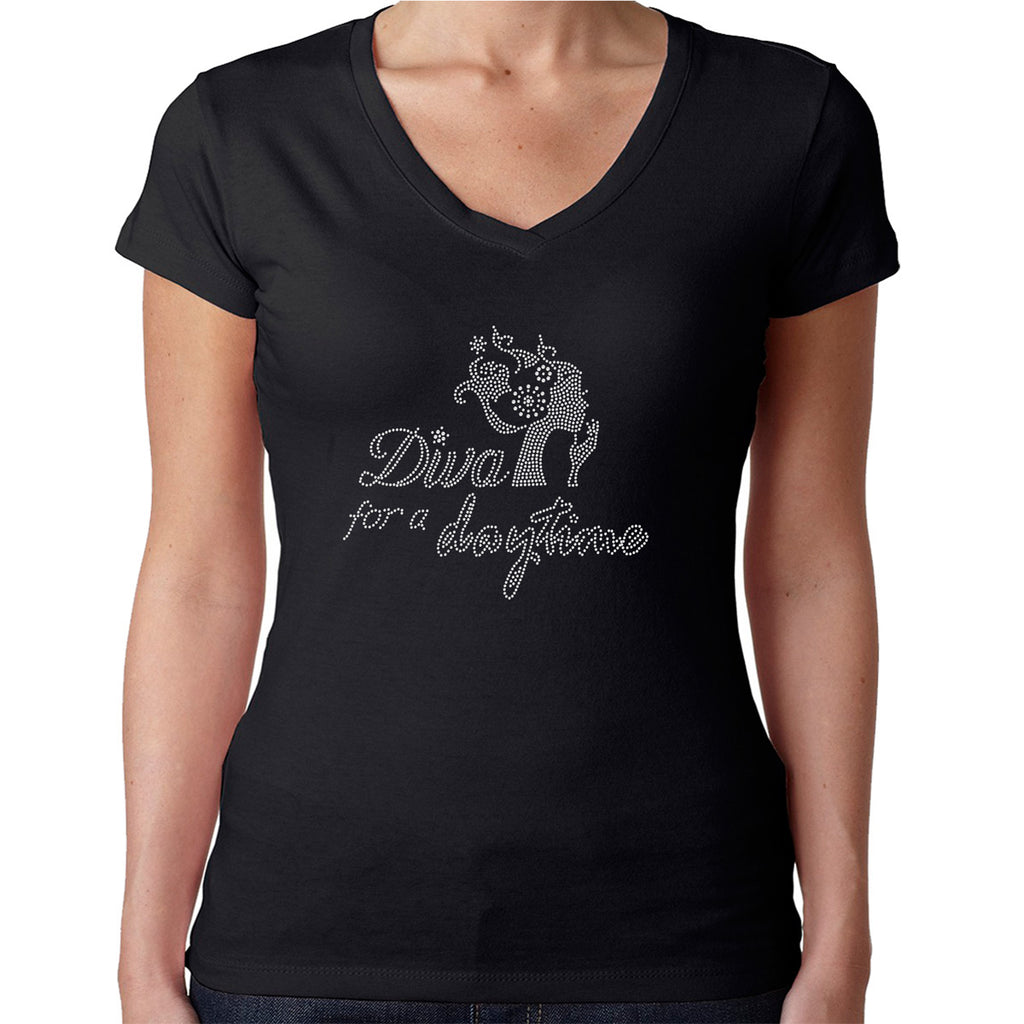 Womens T-Shirt Rhinestone Bling Black Fitted Tee Diva for a Daytime Sparkle
