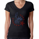 Womens T-Shirt Rhinestone Bling Black Fitted Tee Statue of Liberty Colors