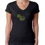 Womens T-Shirt Rhinestone Bling Black Fitted Tee Green Cute Turtle Sparkle