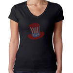 Womens T-Shirt Rhinestone Bling Black Fitted Tee USA Stovepipe Hat Flag Colors