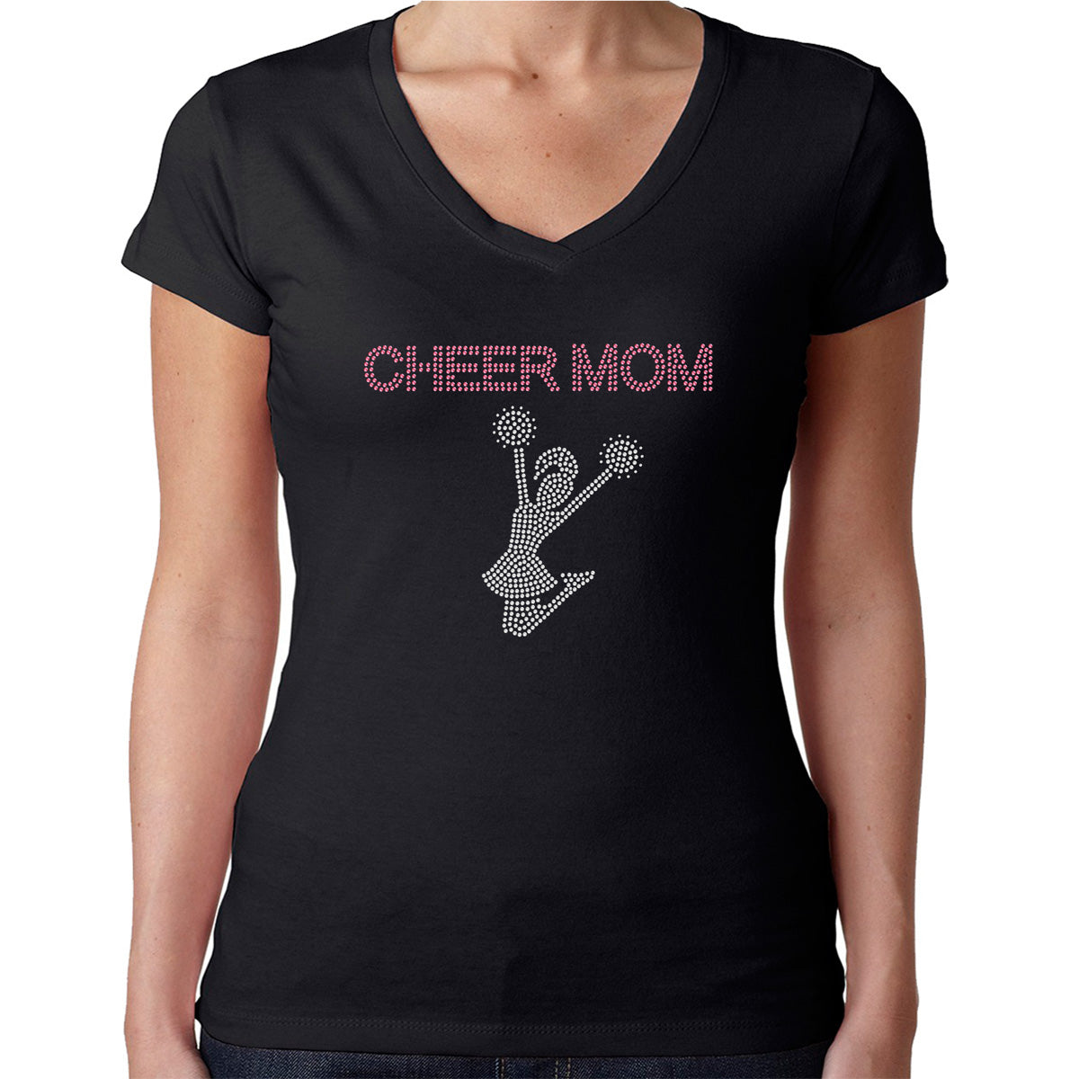 Womens T-Shirt Rhinestone Bling Black Fitted Tee Cheer Mom Pink Sparkle