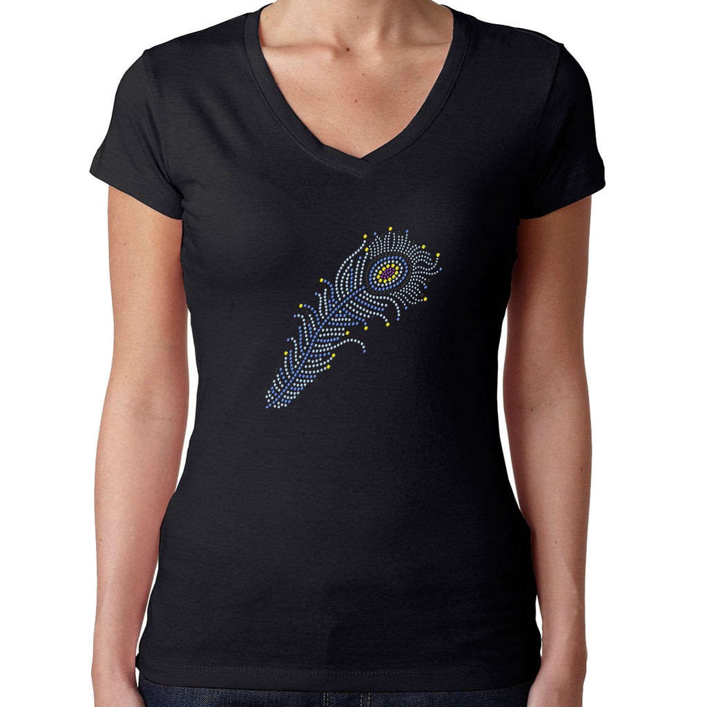 Womens T-Shirt Rhinestone Bling Black Fitted Tee Multicolor Feather Sparkle Blue