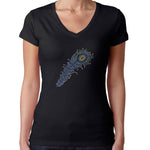 Womens T-Shirt Rhinestone Bling Black Fitted Tee Multicolor Feather Sparkle Blue