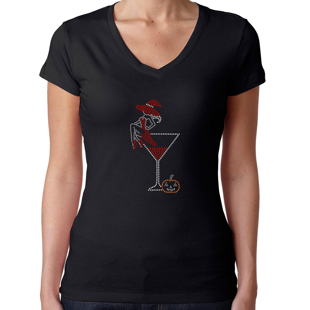 Womens T-Shirt Rhinestone Bling Black Fitted Tee Halloween Witch Martini Glass