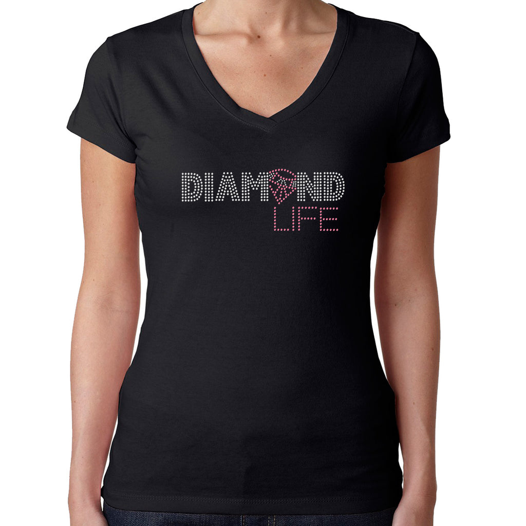 Womens T-Shirt Rhinestone Bling Black Fitted Tee Diamond Life Pink Sparkle