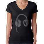 Womens T-Shirt Rhinestone Bling Black Fitted Tee Headphones Disco Sparkle