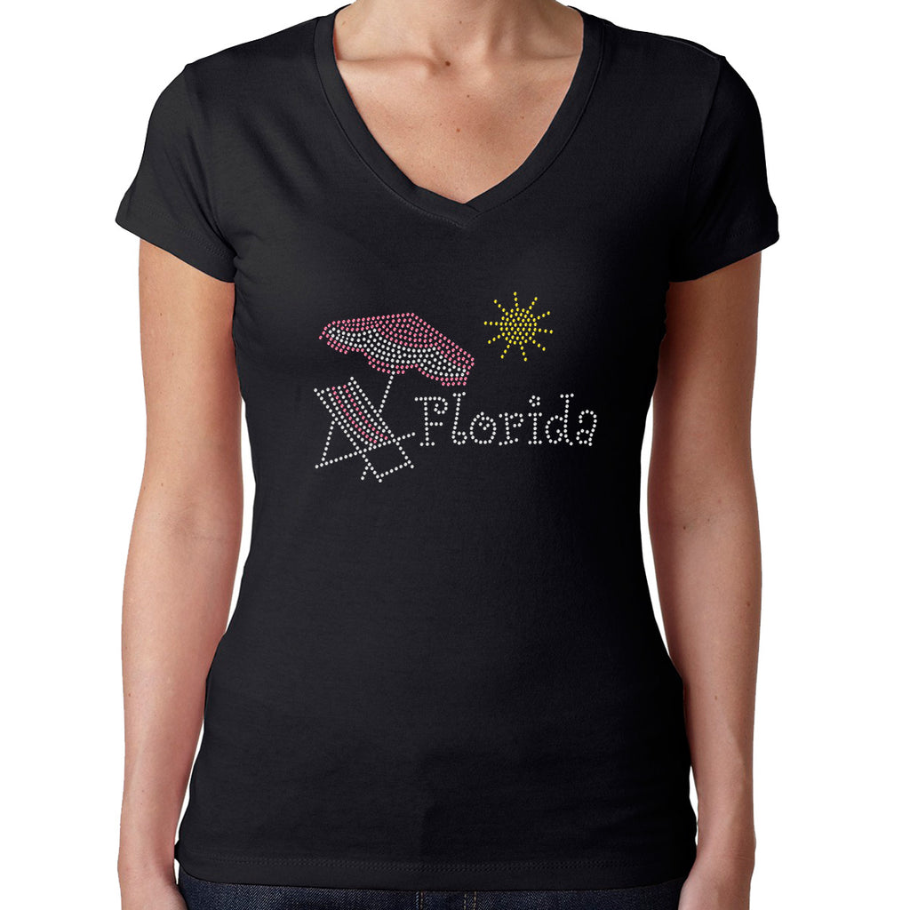 Womens T-Shirt Rhinestone Bling Black Fitted Tee Florida Beach Sun Umbrella