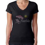 Womens T-Shirt Rhinestone Bling Black Fitted Tee Florida Beach Sun Umbrella