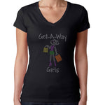 Womens T-Shirt Rhinestone Bling Black Fitted Tee Get a Way Girls Shopping