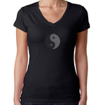 Womens T-Shirt Rhinestone Bling Black Fitted Tee Ying Yang Black White Sparkle