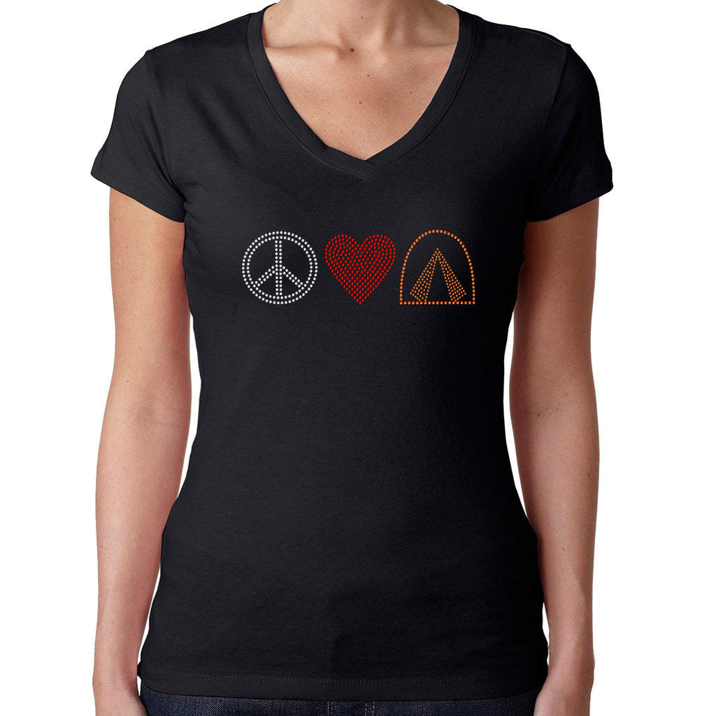 Womens T-Shirt Rhinestone Bling Black Fitted Tee Peace Sign Love Heart Camping