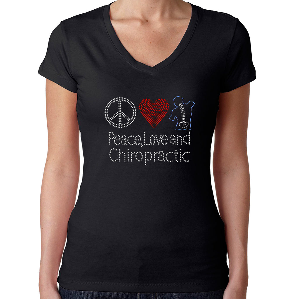 Womens T-Shirt Rhinestone Bling Black Fitted Tee Peace Love Chiropratic Sparkle