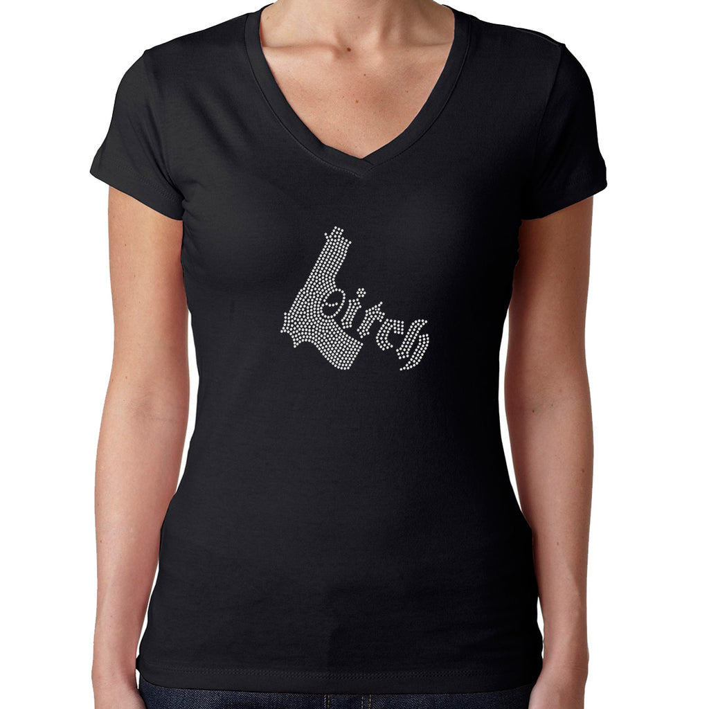 Womens T-Shirt Rhinestone Bling Black Fitted Tee Bitch Gun White Sparkle