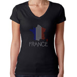 Womens T-Shirt Rhinestone Bling Black Fitted Tee France Flag Map Sparkle