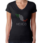 Womens T-Shirt Rhinestone Bling Black Fitted Tee Mexico Flag Map Sparkle