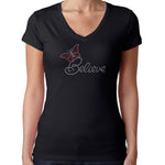 Womens T-Shirt Rhinestone Bling Black Fitted Tee Believe Butterfly Pink Red