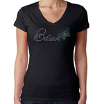 Womens T-Shirt Rhinestone Bling Black Fitted Tee Believe Butterfly Blue Yellow
