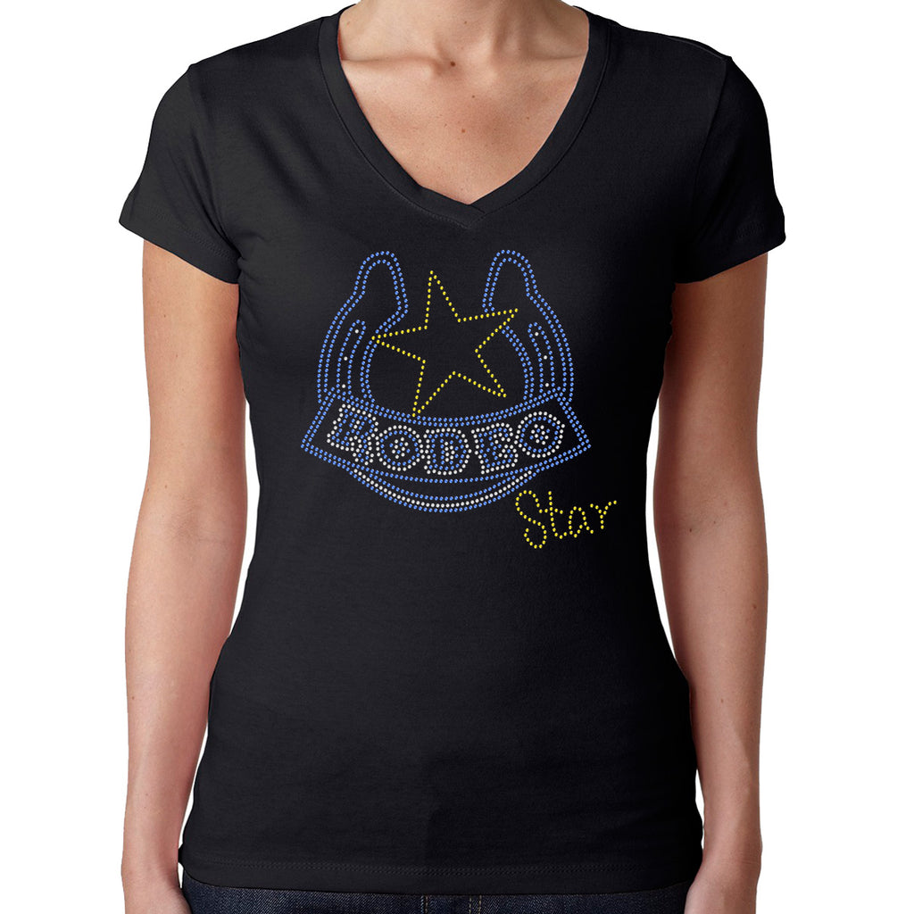 Womens T-Shirt Rhinestone Bling Black Fitted Tee Rodeo Star Horseshoe Blue