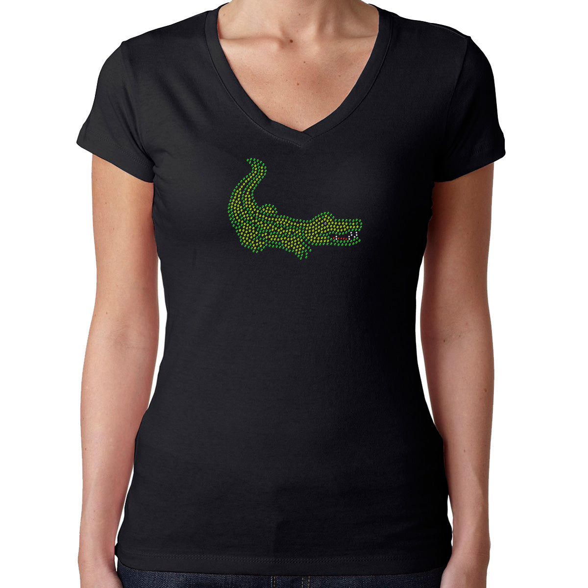 Womens T-Shirt Rhinestone Bling Black Fitted Tee Alligator Crocodile Green