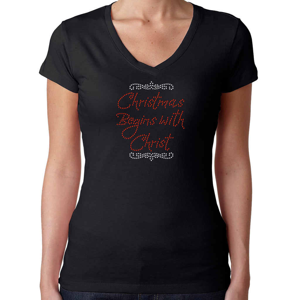 Womens T-Shirt Rhinestone Bling Black Fitted Tee Christmas Begins with Christ