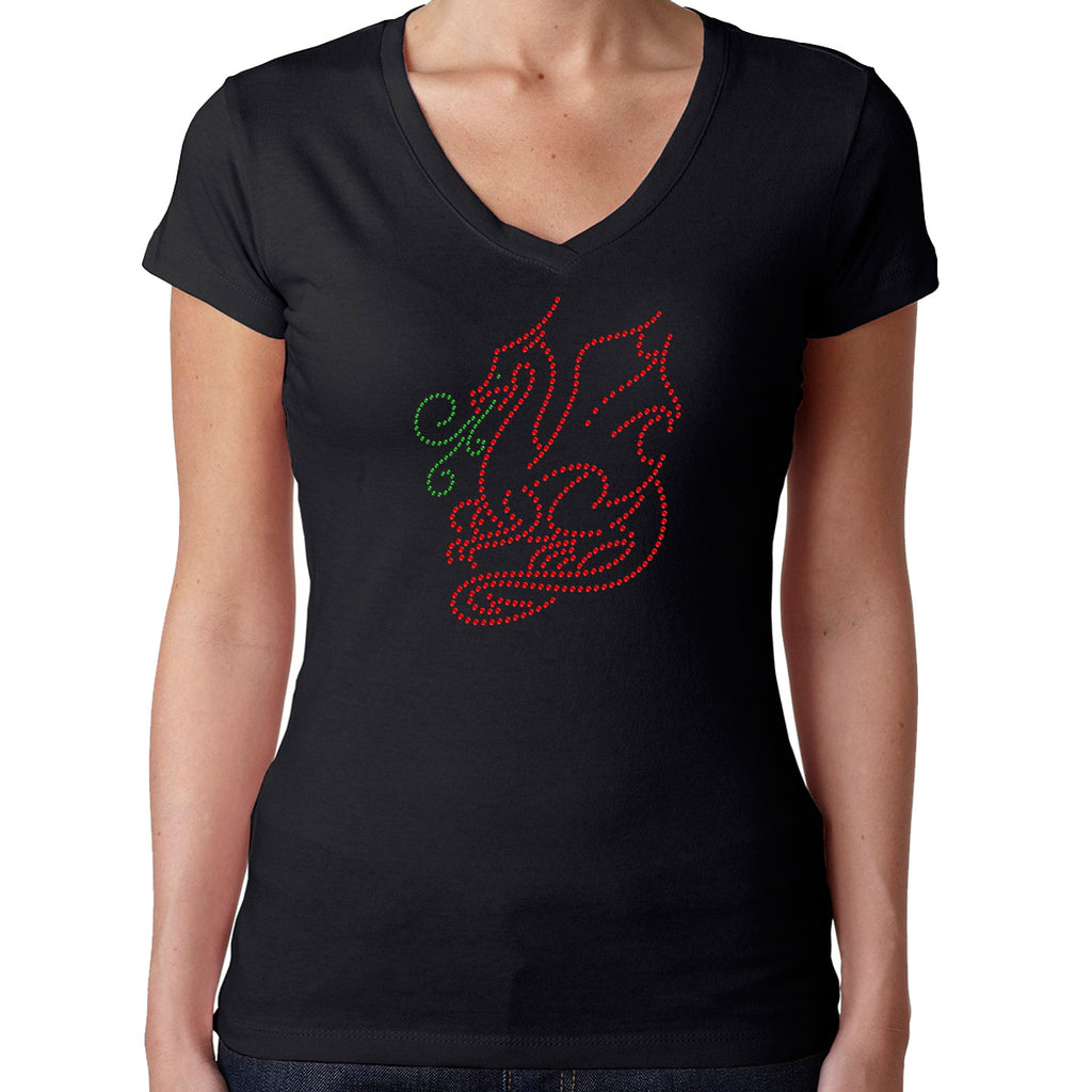 Womens T-Shirt Rhinestone Bling Black Fitted Tee Red Dragon Sparkle