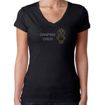Womens T-Shirt Rhinestone Bling Black Fitted Tee Camping Chick Yellow Sparkle