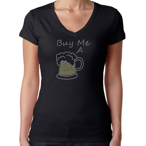 Womens T-Shirt Rhinestone Bling Black Fitted Tee Buy me a Beer Sparkle