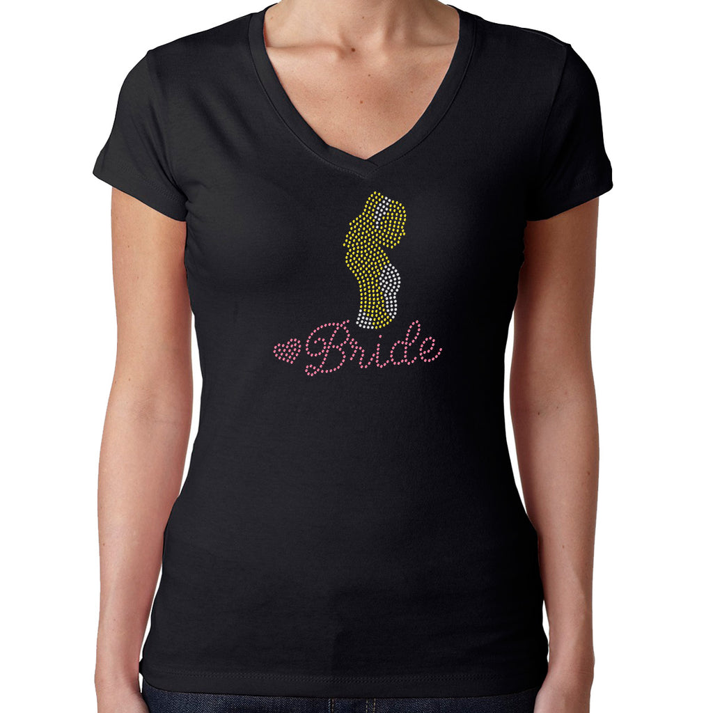 Womens T-Shirt Rhinestone Bling Black Fitted Tee Bride Pink Heart Silhouette