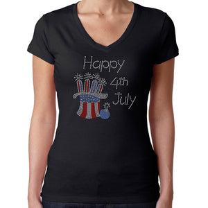 Womens T-Shirt Rhinestone Bling Black Fitted Tee Happy 4th July Hat Fireworks