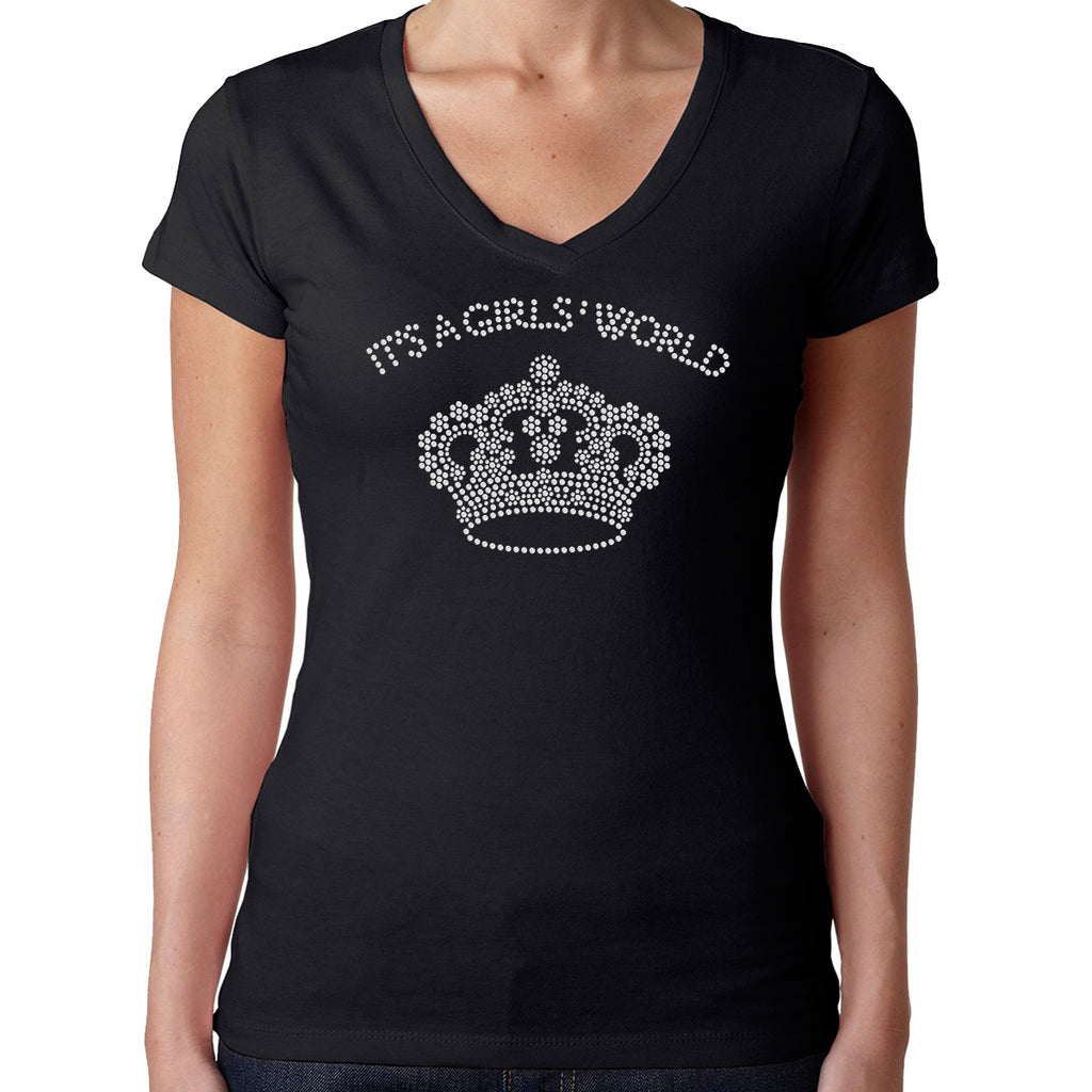 Womens T-Shirt Rhinestone Bling Black Fitted Tee It's a Girls World Crown