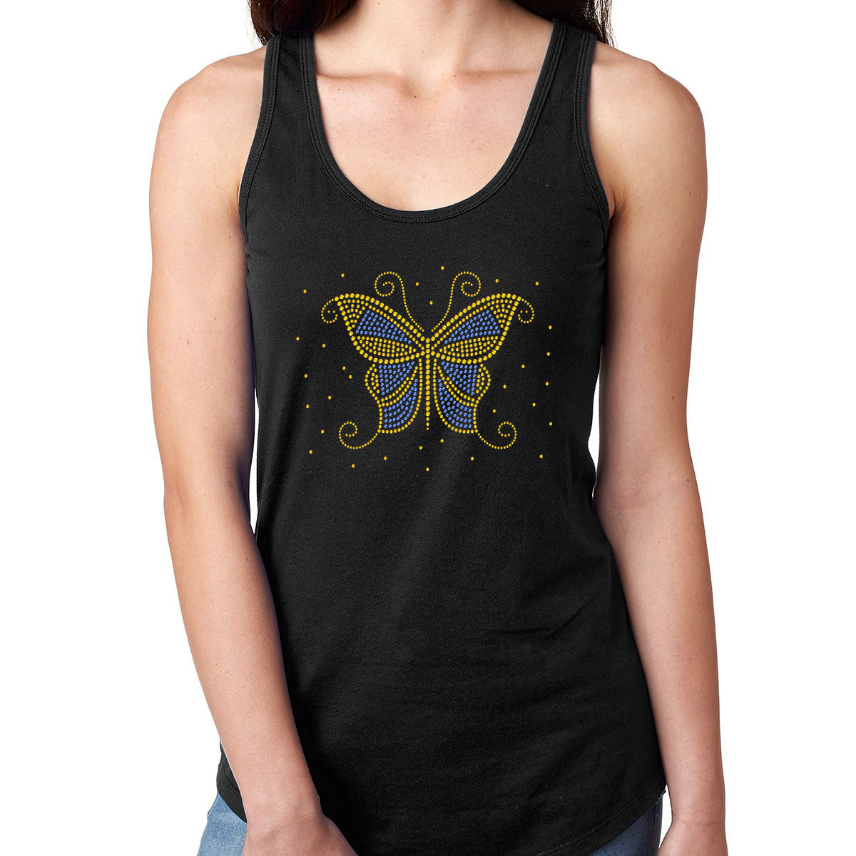 Womens T-Shirt Bling Black Fitted Tee Blue Gold Butterfly