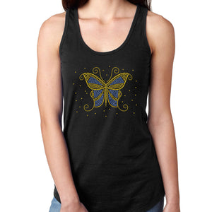 Womens T-Shirt Bling Black Fitted Tee Blue Gold Butterfly