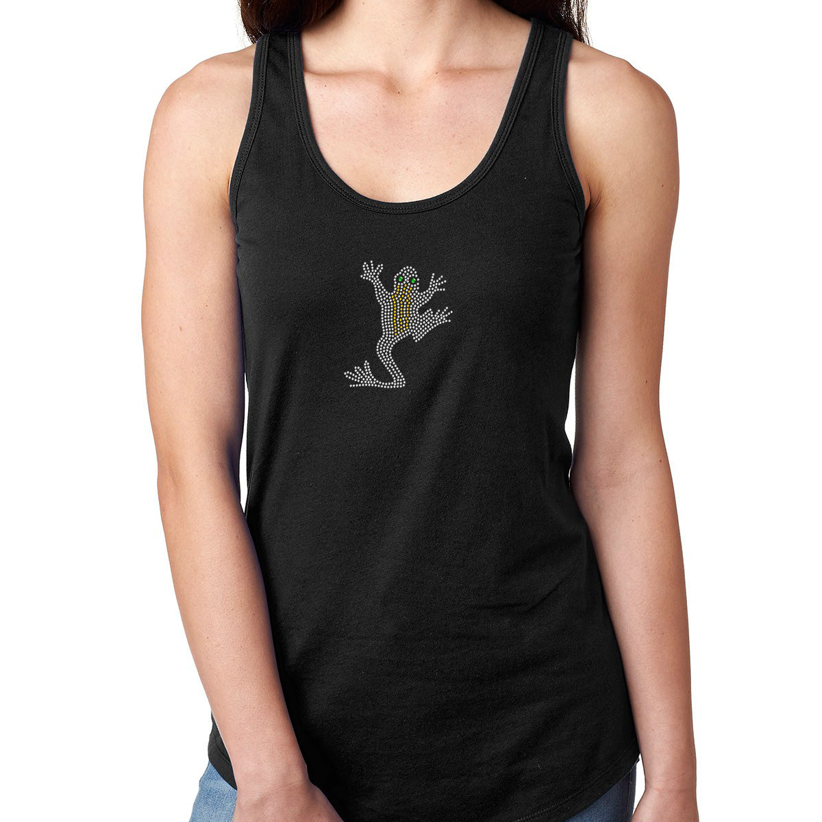 Womens T-Shirt Bling Black Fitted Tee Crystal Silver Yellow Frog