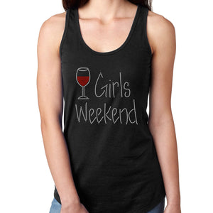 Womens T-Shirt Bling Black Fitted Tee Girls Weekend Wine Glass