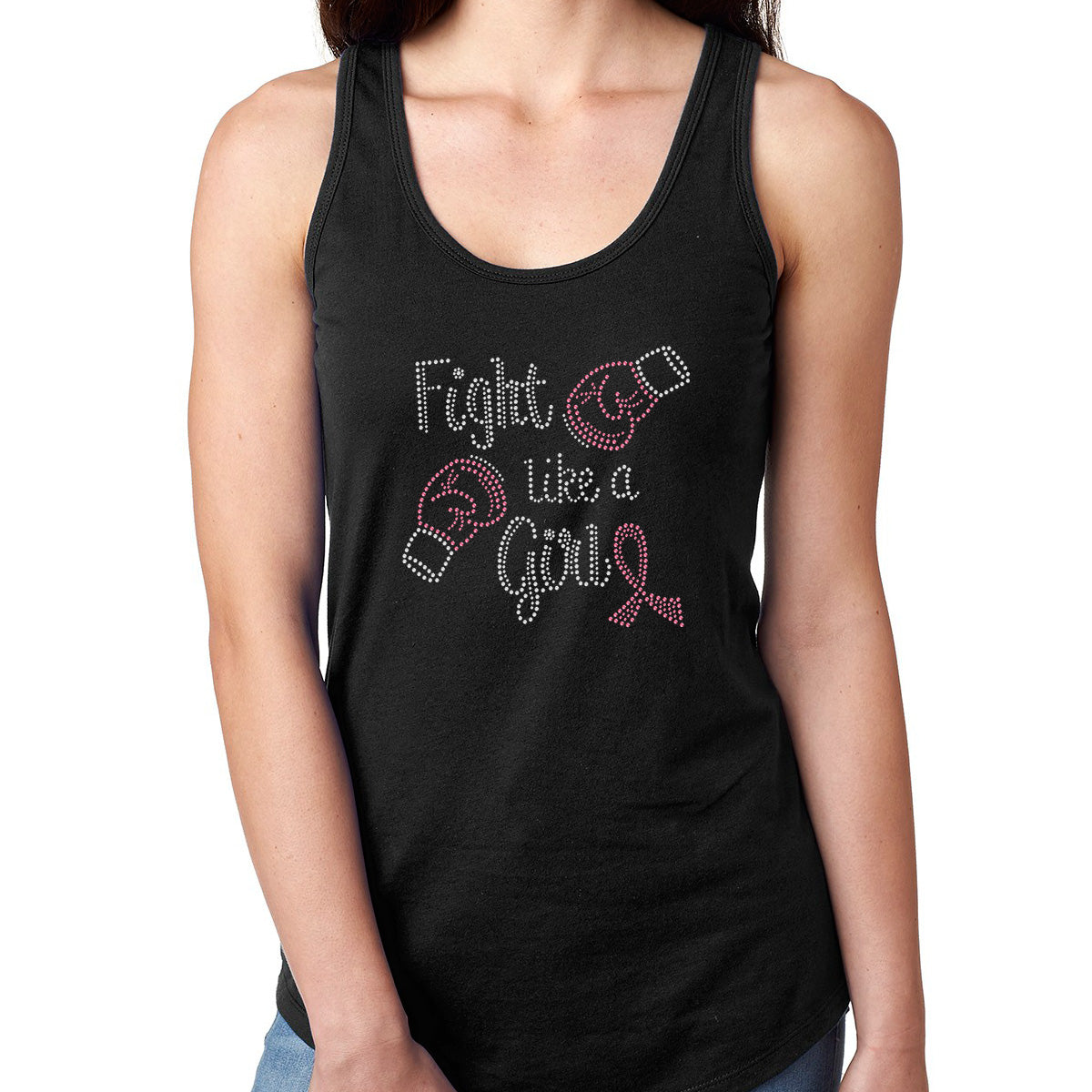 Womens T-Shirt Bling Black Fitted Tee Fight Like a Girl Gloves Pink Ribbon