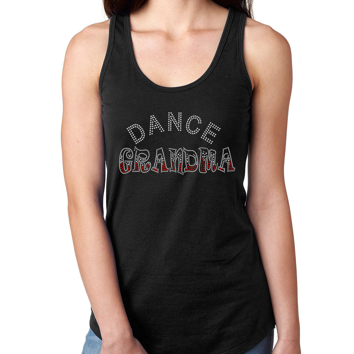 Womens T-Shirt Bling Black Fitted Tee Dance Grandma Crystal Red