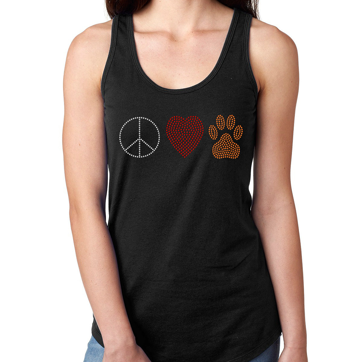 Womens T-Shirt Bling Black Fitted Tee Peace Love Paw Heart Dog