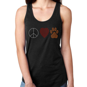 Womens T-Shirt Bling Black Fitted Tee Peace Love Paw Heart Dog