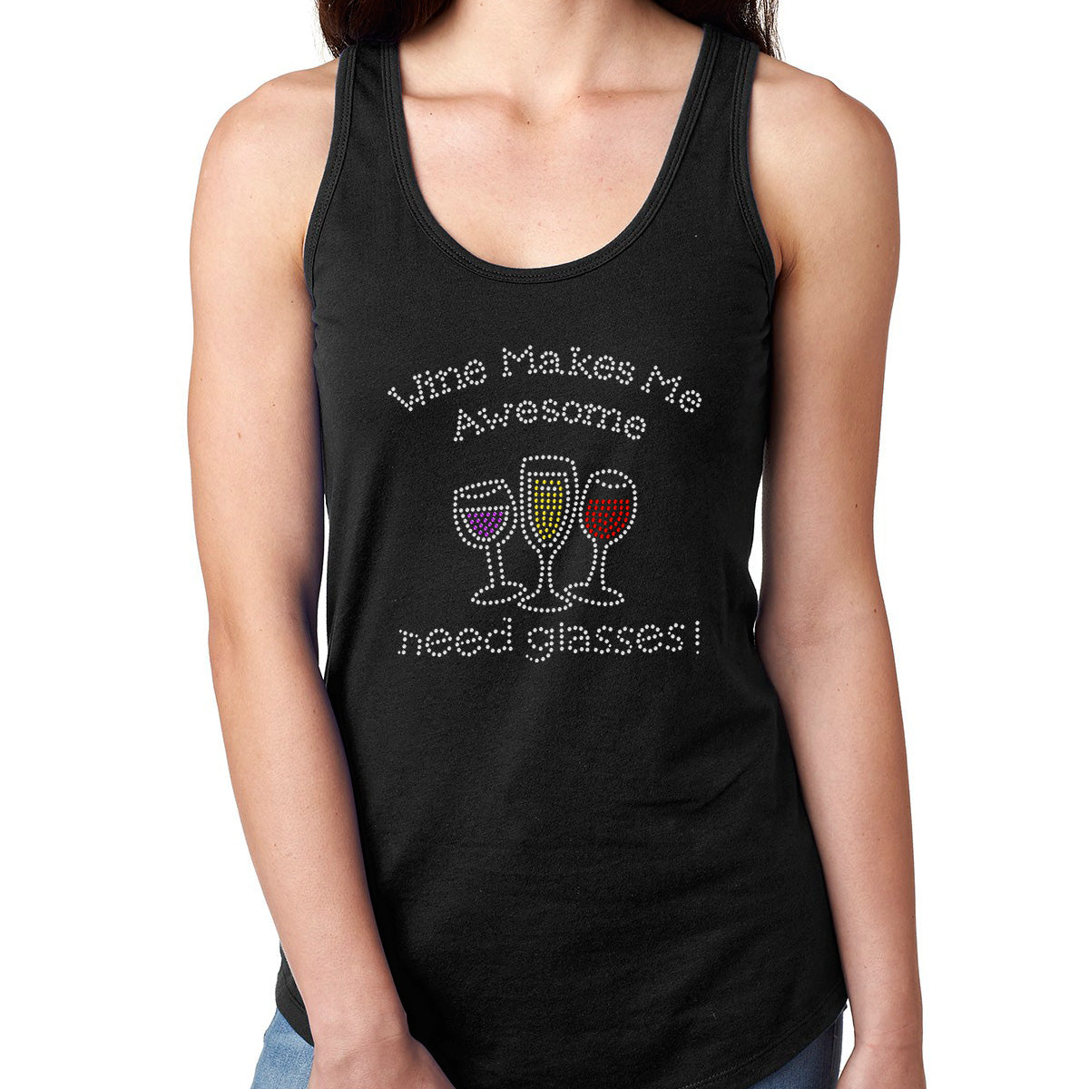 Womens T-Shirt Bling Black Fitted Tee Wine Makes Me Awesome Need Glassed