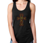 Womens T-Shirt Bling Black Fitted Tee Gothic Cross Gold Red