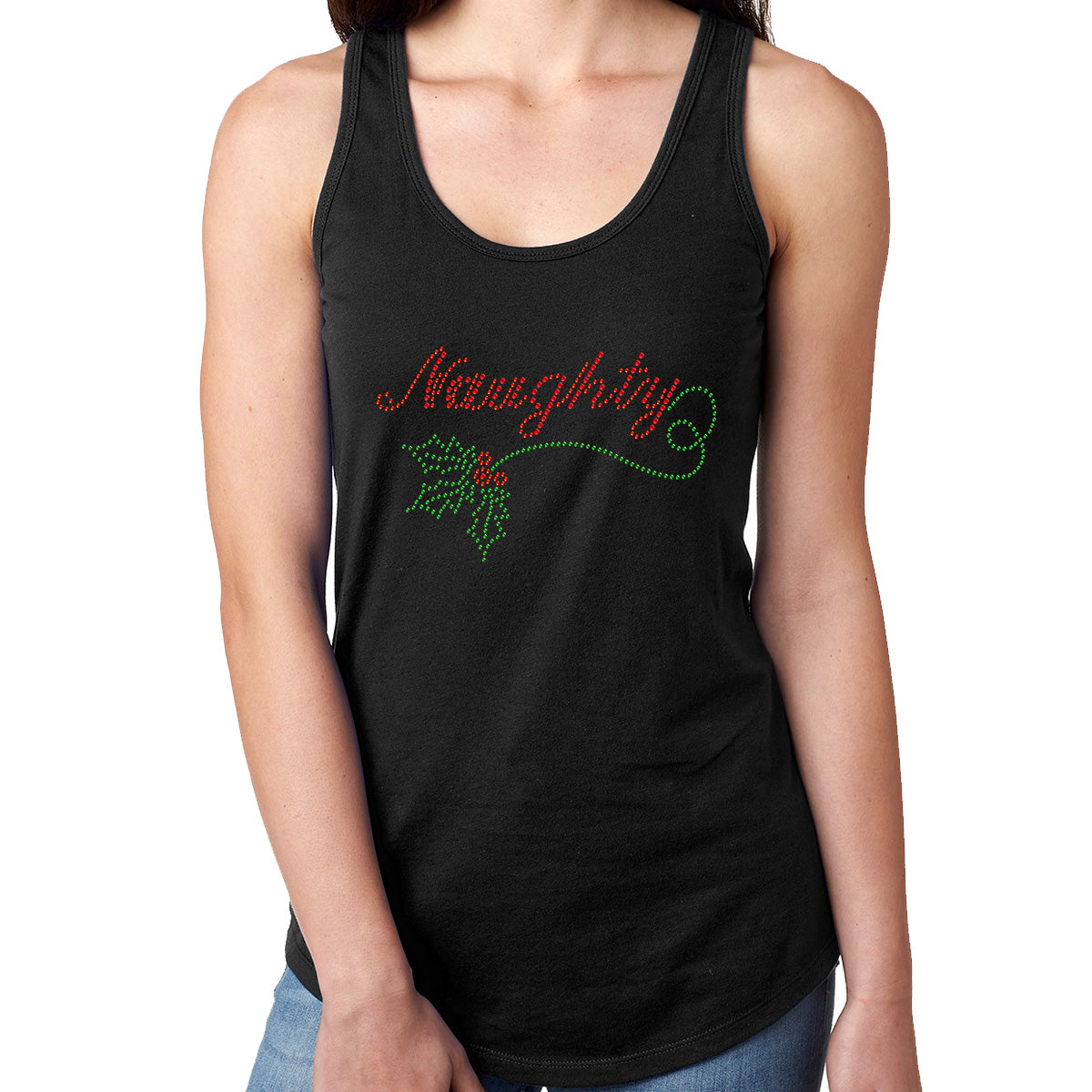 Womens T-Shirt Bling Black Fitted Tee Naughty Christmas Red Green