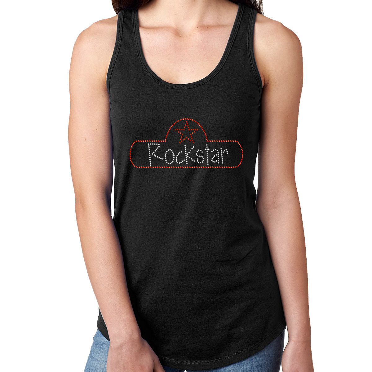 Womens T-Shirt Bling Black Fitted Tee Rockstar Star Sign Red