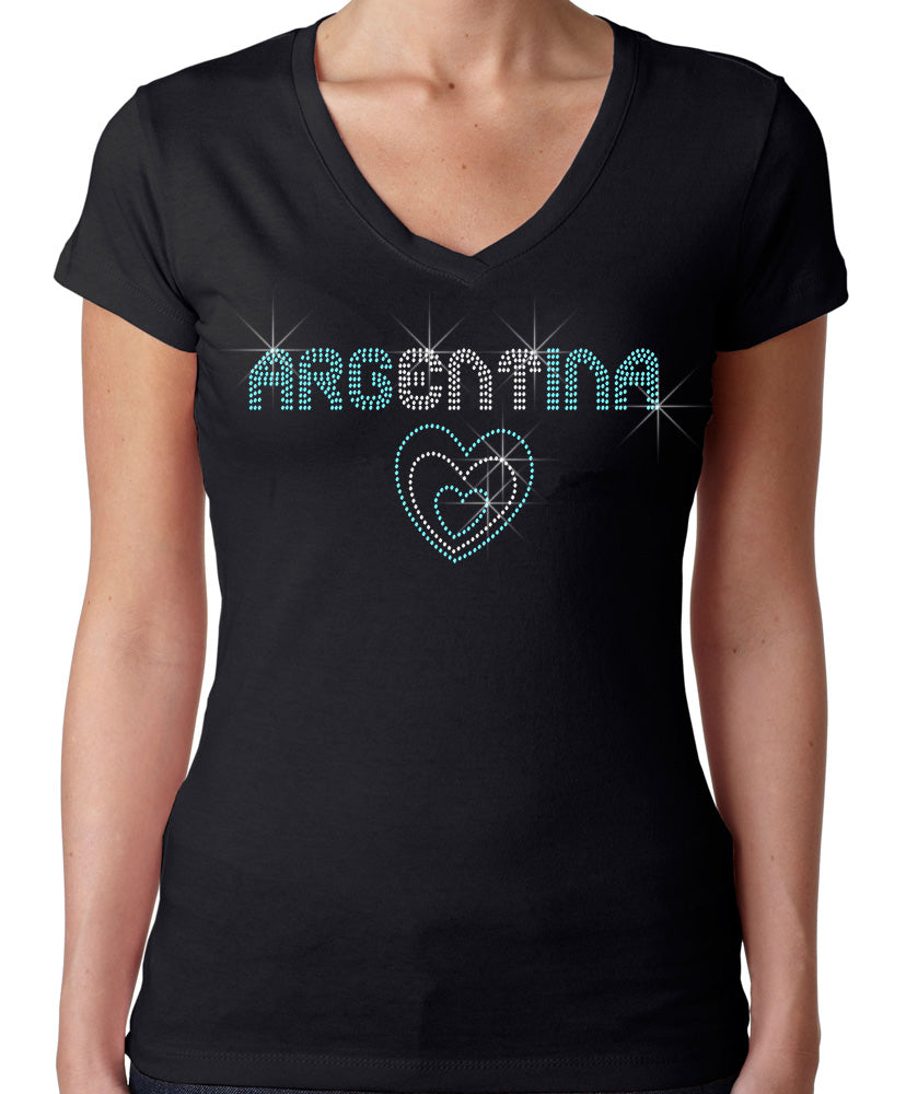 Ladies V-Neck Black Tshirt Rhinestone Argentina Heart Personalized